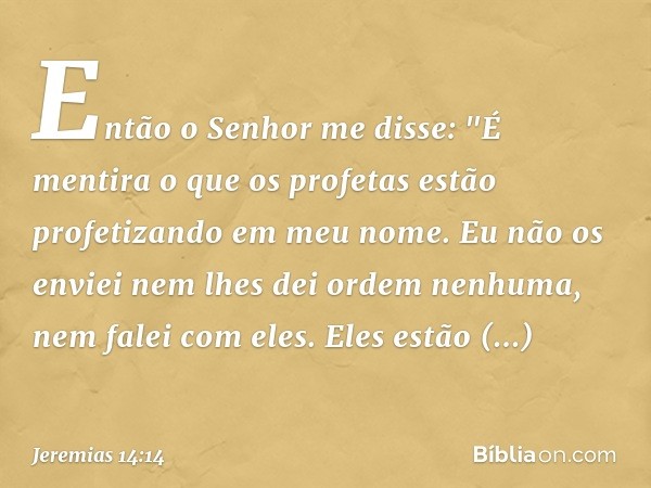 Então o Senhor me disse: "É mentira o que os profetas estão profetizando em meu nome. Eu não os enviei nem lhes dei ordem nenhuma, nem falei com eles. Eles estã