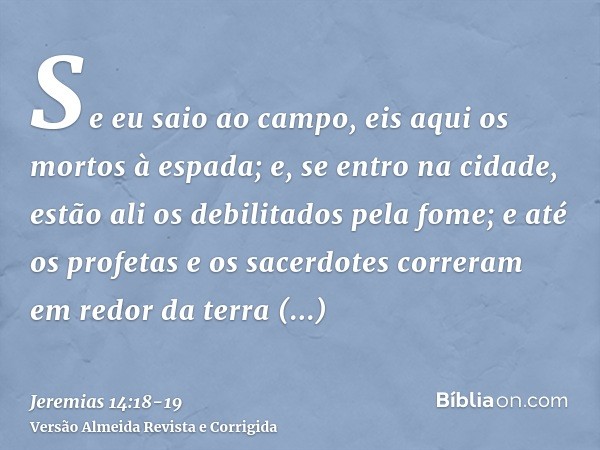 Se eu saio ao campo, eis aqui os mortos à espada; e, se entro na cidade, estão ali os debilitados pela fome; e até os profetas e os sacerdotes correram em redor