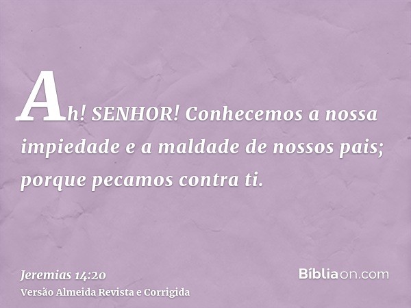 Ah! SENHOR! Conhecemos a nossa impiedade e a maldade de nossos pais; porque pecamos contra ti.