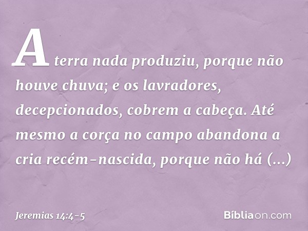 A terra nada produziu,
porque não houve chuva;
e os lavradores, decepcionados,
cobrem a cabeça. Até mesmo a corça no campo
abandona a cria recém-nascida,
porque