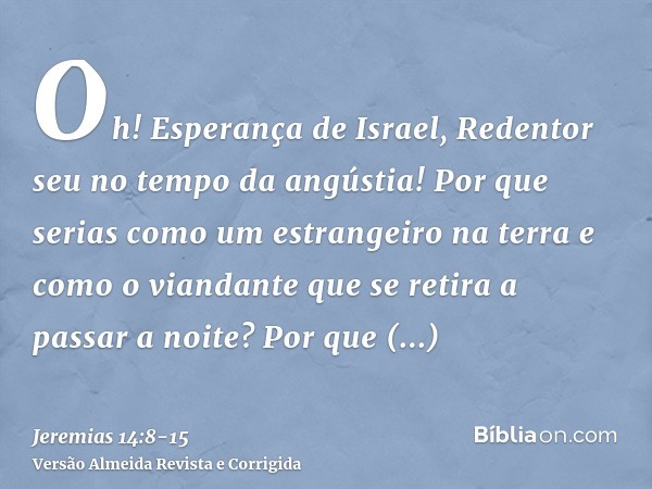 Oh! Esperança de Israel, Redentor seu no tempo da angústia! Por que serias como um estrangeiro na terra e como o viandante que se retira a passar a noite?Por qu