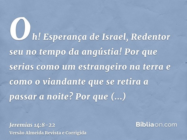 Oh! Esperança de Israel, Redentor seu no tempo da angústia! Por que serias como um estrangeiro na terra e como o viandante que se retira a passar a noite?Por qu