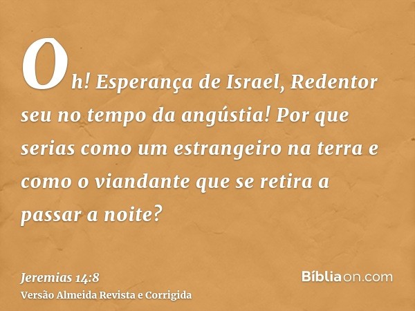 Oh! Esperança de Israel, Redentor seu no tempo da angústia! Por que serias como um estrangeiro na terra e como o viandante que se retira a passar a noite?