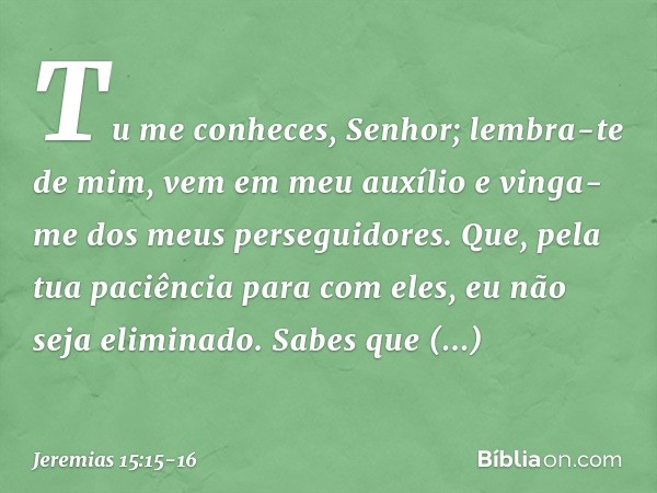 Tu me conheces, Senhor;
lembra-te de mim, vem em meu auxílio
e vinga-me dos meus perseguidores.
Que, pela tua paciência para com eles,
eu não seja eliminado.
Sa