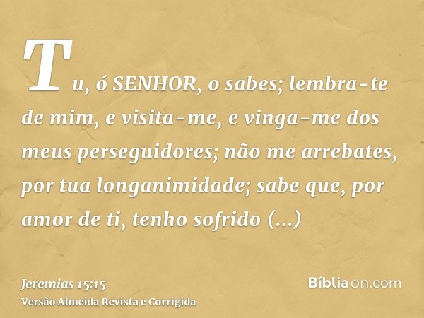 Tu, ó SENHOR, o sabes; lembra-te de mim, e visita-me, e vinga-me dos meus perseguidores; não me arrebates, por tua longanimidade; sabe que, por amor de ti, tenh
