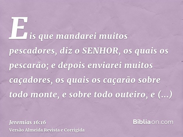 Eis que mandarei muitos pescadores, diz o SENHOR, os quais os pescarão; e depois enviarei muitos caçadores, os quais os caçarão sobre todo monte, e sobre todo o