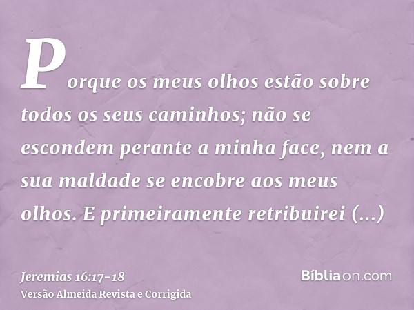 Porque os meus olhos estão sobre todos os seus caminhos; não se escondem perante a minha face, nem a sua maldade se encobre aos meus olhos.E primeiramente retri