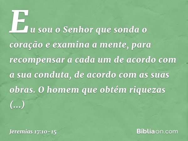 "Eu sou o Senhor
que sonda o coração
e examina a mente,
para recompensar a cada um
de acordo com a sua conduta,
de acordo com as suas obras." O homem que obtém 