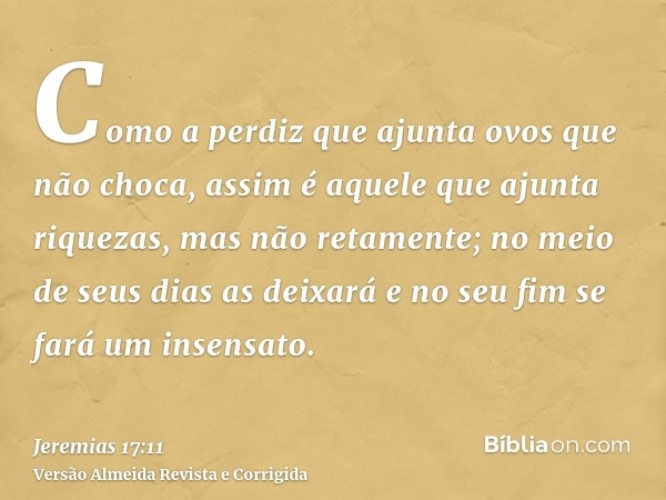 Como a perdiz que ajunta ovos que não choca, assim é aquele que ajunta riquezas, mas não retamente; no meio de seus dias as deixará e no seu fim se fará um inse