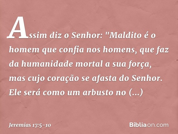 Assim diz o Senhor:
"Maldito é o homem
que confia nos homens,
que faz da humanidade mortal
a sua força,
mas cujo coração se afasta do Senhor. Ele será como um a