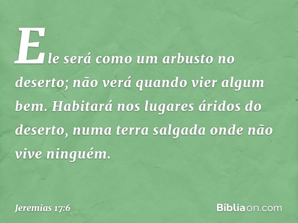 Ele será como um arbusto no deserto;
não verá quando vier algum bem.
Habitará nos lugares áridos do deserto,
numa terra salgada
onde não vive ninguém. -- Jeremi