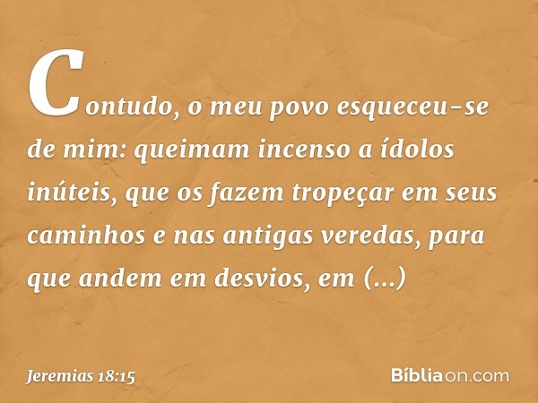 Contudo, o meu povo
esqueceu-se de mim:
queimam incenso a ídolos inúteis,
que os fazem tropeçar em seus caminhos
e nas antigas veredas,
para que andem em desvio