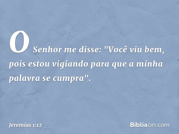 O Senhor me disse: "Você viu bem, pois estou vigiando para que a minha palavra se cumpra". -- Jeremias 1:12