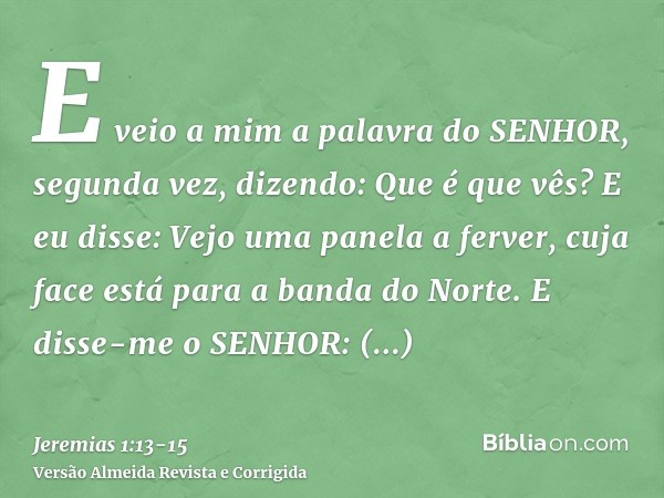 E veio a mim a palavra do SENHOR, segunda vez, dizendo: Que é que vês? E eu disse: Vejo uma panela a ferver, cuja face está para a banda do Norte.E disse-me o S