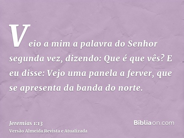 Veio a mim a palavra do Senhor segunda vez, dizendo: Que é que vês? E eu disse: Vejo uma panela a ferver, que se apresenta da banda do norte.