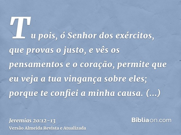 Tu pois, ó Senhor dos exércitos, que provas o justo, e vês os pensamentos e o coração, permite que eu veja a tua vingança sobre eles; porque te confiei a minha 