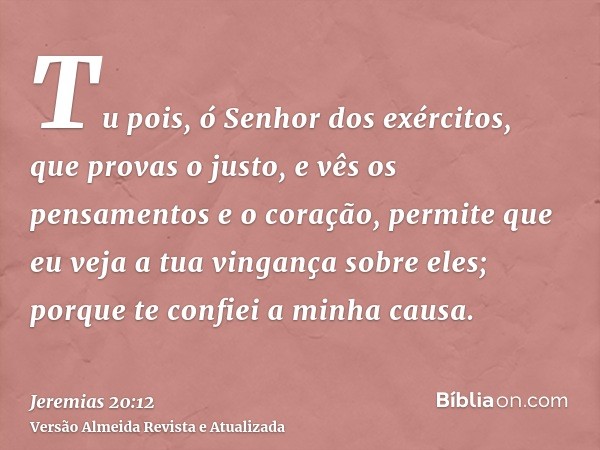 Tu pois, ó Senhor dos exércitos, que provas o justo, e vês os pensamentos e o coração, permite que eu veja a tua vingança sobre eles; porque te confiei a minha 