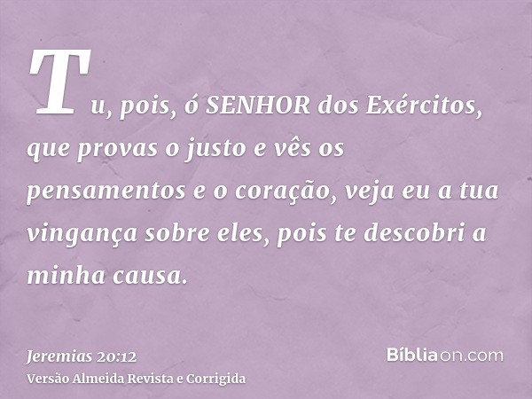 Tu, pois, ó SENHOR dos Exércitos, que provas o justo e vês os pensamentos e o coração, veja eu a tua vingança sobre eles, pois te descobri a minha causa.