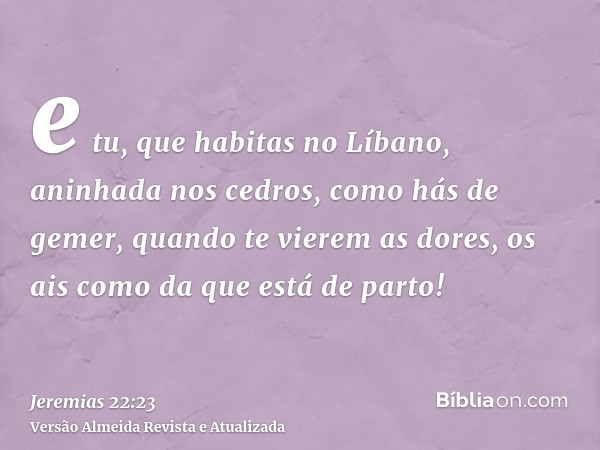 e tu, que habitas no Líbano, aninhada nos cedros, como hás de gemer, quando te vierem as dores, os ais como da que está de parto!