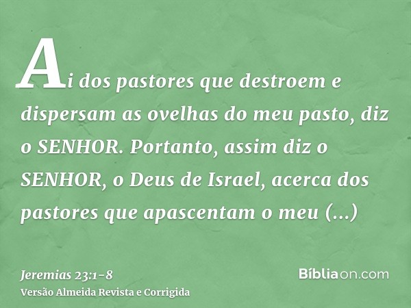 Ai dos pastores que destroem e dispersam as ovelhas do meu pasto, diz o SENHOR.Portanto, assim diz o SENHOR, o Deus de Israel, acerca dos pastores que apascenta