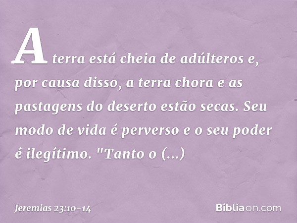 A terra está cheia de adúlteros
e, por causa disso, a terra chora
e as pastagens do deserto estão secas.
Seu modo de vida é perverso
e o seu poder é ilegítimo. 