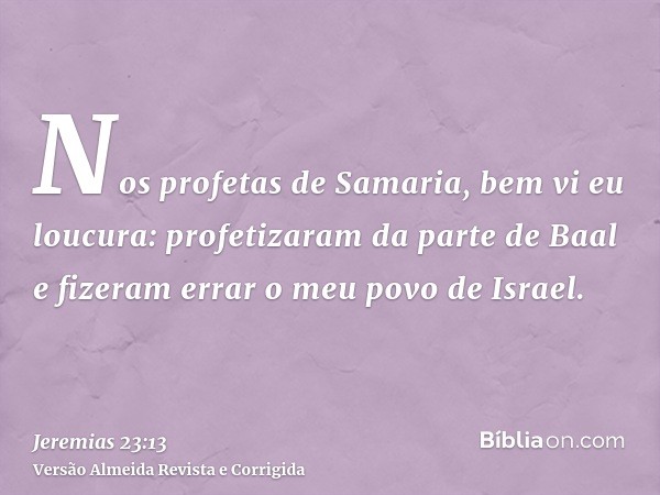 Nos profetas de Samaria, bem vi eu loucura: profetizaram da parte de Baal e fizeram errar o meu povo de Israel.