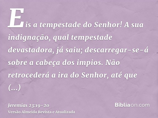 Eis a tempestade do Senhor! A sua indignação, qual tempestade devastadora, já saiu; descarregar-se-á sobre a cabeça dos impios.Não retrocederá a ira do Senhor,