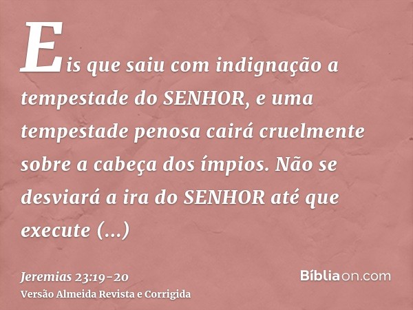 Eis que saiu com indignação a tempestade do SENHOR, e uma tempestade penosa cairá cruelmente sobre a cabeça dos ímpios.Não se desviará a ira do SENHOR até que e