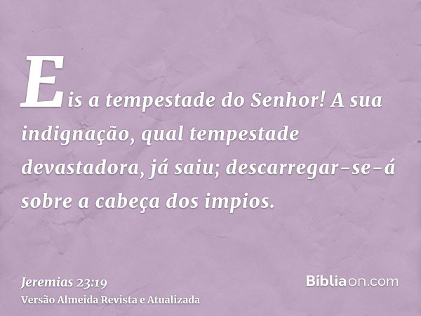 Eis a tempestade do Senhor! A sua indignação, qual tempestade devastadora, já saiu; descarregar-se-á sobre a cabeça dos impios.