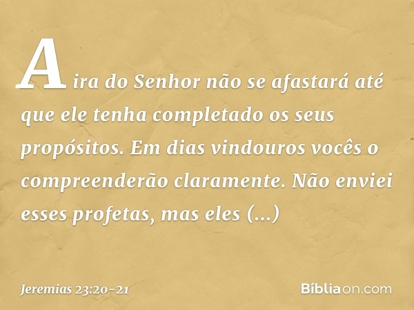 A ira do Senhor não se afastará
até que ele tenha completado
os seus propósitos.
Em dias vindouros vocês
o compreenderão claramente. Não enviei esses profetas,
