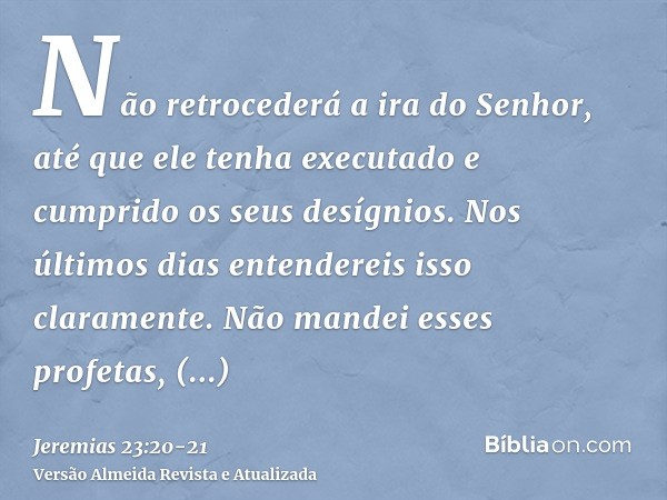 Não retrocederá a ira do Senhor, até que ele tenha executado e cumprido os seus desígnios. Nos últimos dias entendereis isso claramente.Não mandei esses profeta