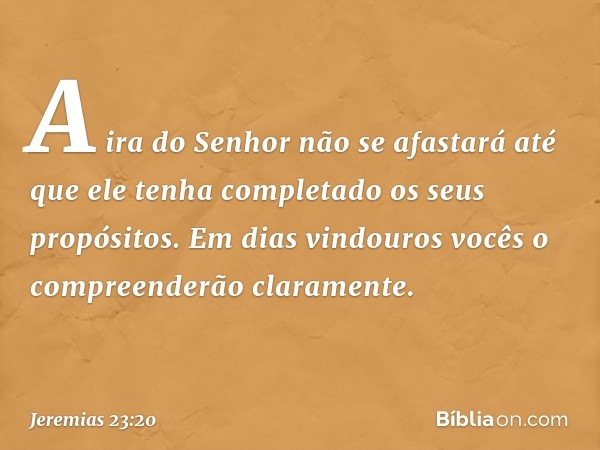 A ira do Senhor não se afastará
até que ele tenha completado
os seus propósitos.
Em dias vindouros vocês
o compreenderão claramente. -- Jeremias 23:20