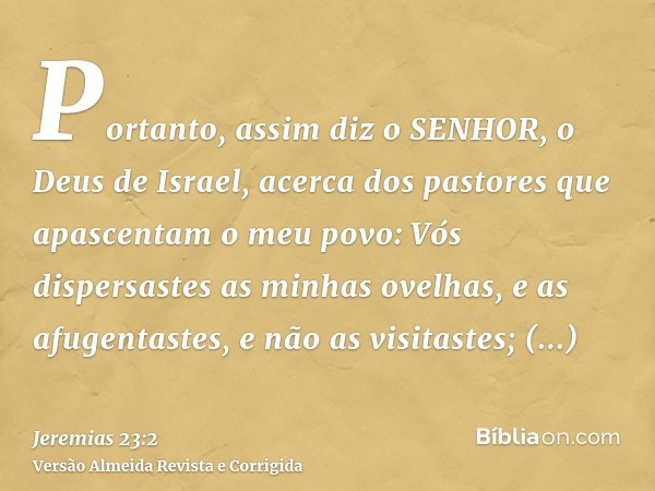 Portanto, assim diz o SENHOR, o Deus de Israel, acerca dos pastores que apascentam o meu povo: Vós dispersastes as minhas ovelhas, e as afugentastes, e não as v