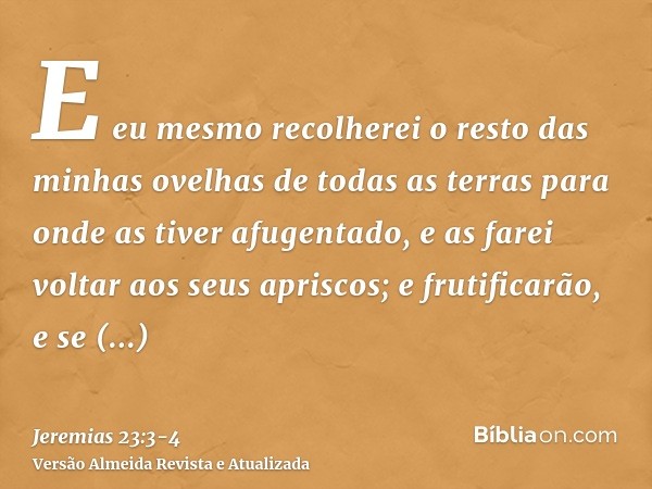 E eu mesmo recolherei o resto das minhas ovelhas de todas as terras para onde as tiver afugentado, e as farei voltar aos seus apriscos; e frutificarão, e se mul