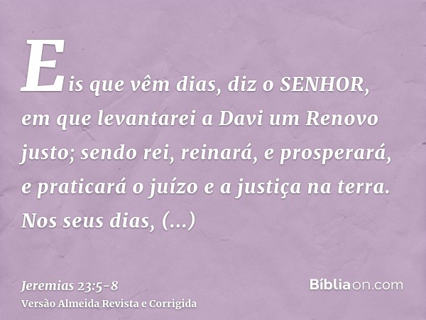 Eis que vêm dias, diz o SENHOR, em que levantarei a Davi um Renovo justo; sendo rei, reinará, e prosperará, e praticará o juízo e a justiça na terra.Nos seus di