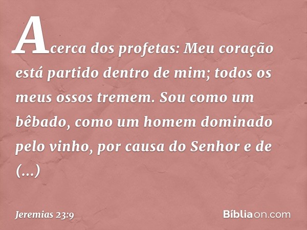 Acerca dos profetas:
Meu coração está partido
dentro de mim;
todos os meus ossos tremem.
Sou como um bêbado,
como um homem dominado pelo vinho,
por causa do Sen