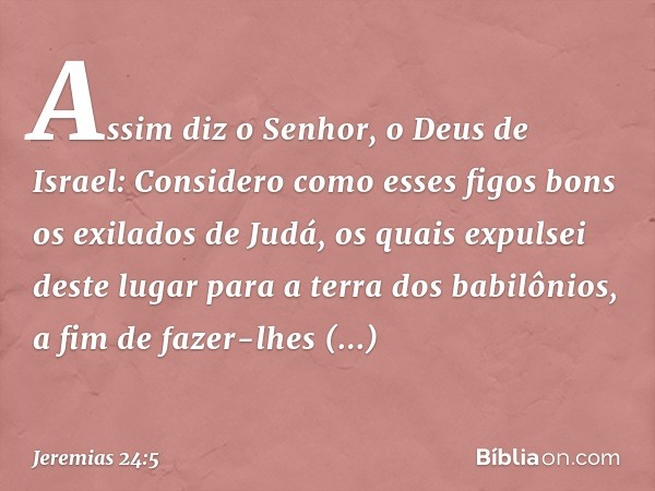 "Assim diz o Senhor, o Deus de Israel: Considero como esses figos bons os exilados de Judá, os quais expulsei deste lugar para a terra dos babilônios, a fim de 