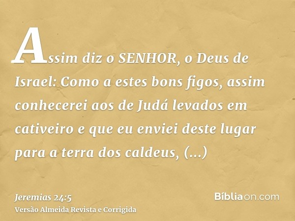 Assim diz o SENHOR, o Deus de Israel: Como a estes bons figos, assim conhecerei aos de Judá levados em cativeiro e que eu enviei deste lugar para a terra dos ca
