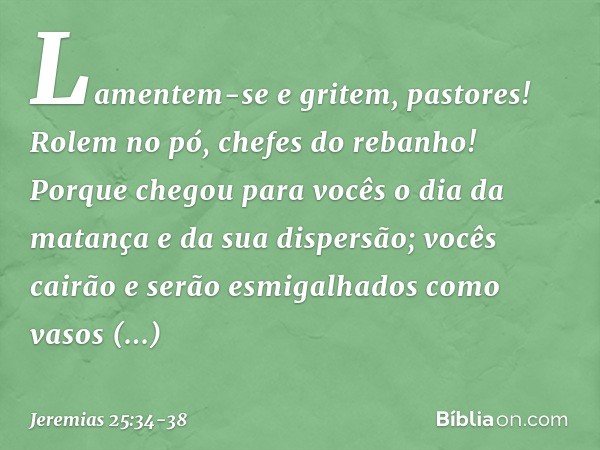 Lamentem-se e gritem, pastores!
Rolem no pó, chefes do rebanho!
Porque chegou para vocês
o dia da matança
e da sua dispersão;
vocês cairão e serão esmigalhados
