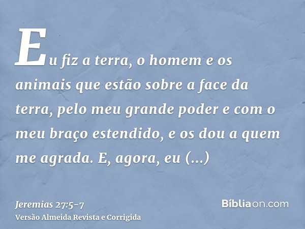 Eu fiz a terra, o homem e os animais que estão sobre a face da terra, pelo meu grande poder e com o meu braço estendido, e os dou a quem me agrada.E, agora, eu 