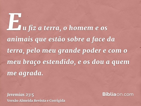 Eu fiz a terra, o homem e os animais que estão sobre a face da terra, pelo meu grande poder e com o meu braço estendido, e os dou a quem me agrada.