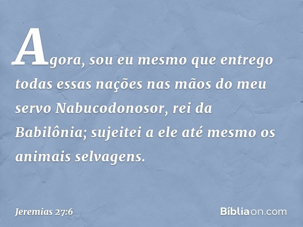 Agora, sou eu mesmo que entrego todas essas nações nas mãos do meu servo Nabucodonosor, rei da Babilônia; sujeitei a ele até mesmo os animais selvagens. -- Jere