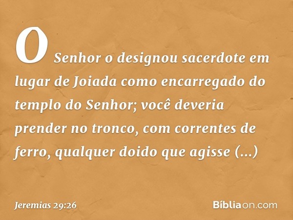 'O Senhor o designou sacerdote em lugar de Joiada como encarregado do templo do Senhor; você deveria prender no tronco, com correntes de ferro, qualquer doido q