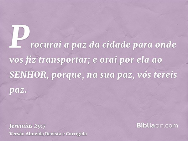 Procurai a paz da cidade para onde vos fiz transportar; e orai por ela ao SENHOR, porque, na sua paz, vós tereis paz.