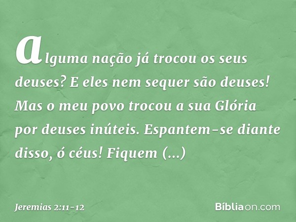 alguma nação já trocou
os seus deuses?
E eles nem sequer são deuses!
Mas o meu povo trocou a sua Glória
por deuses inúteis. Espantem-se diante disso, ó céus!
Fi