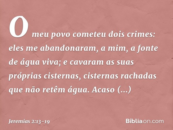 "O meu povo cometeu dois crimes:
eles me abandonaram,
a mim, a fonte de água viva;
e cavaram as suas próprias cisternas,
cisternas rachadas
que não retêm água. 