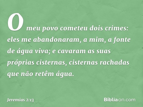 "O meu povo cometeu dois crimes:
eles me abandonaram,
a mim, a fonte de água viva;
e cavaram as suas próprias cisternas,
cisternas rachadas
que não retêm água. 