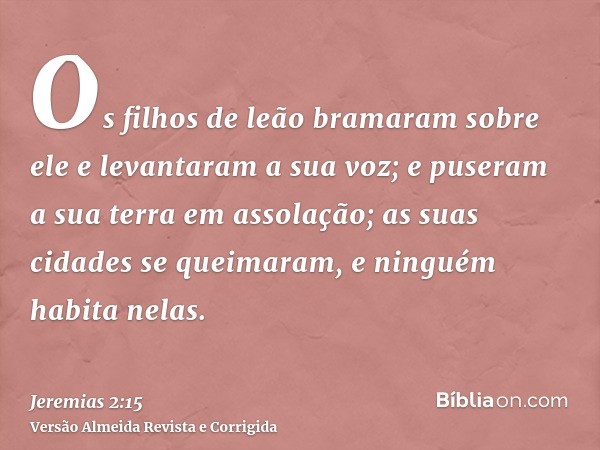 Os filhos de leão bramaram sobre ele e levantaram a sua voz; e puseram a sua terra em assolação; as suas cidades se queimaram, e ninguém habita nelas.