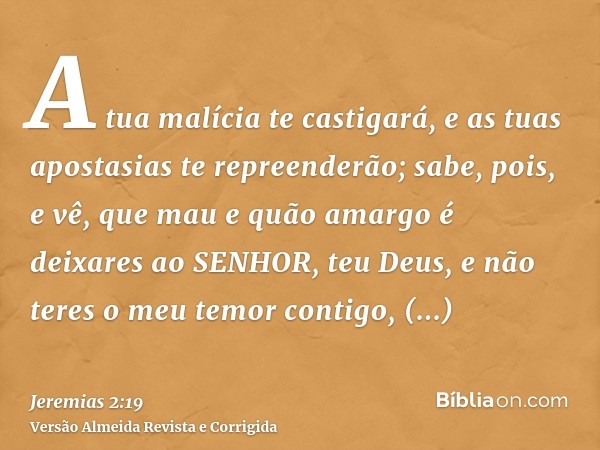 A tua malícia te castigará, e as tuas apostasias te repreenderão; sabe, pois, e vê, que mau e quão amargo é deixares ao SENHOR, teu Deus, e não teres o meu temo