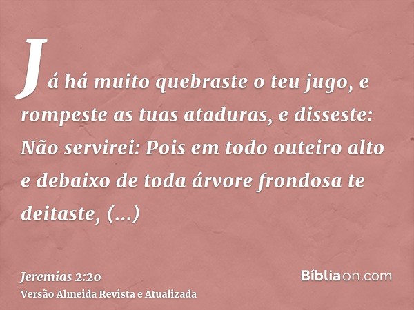 Já há muito quebraste o teu jugo, e rompeste as tuas ataduras, e disseste: Não servirei: Pois em todo outeiro alto e debaixo de toda árvore frondosa te deitaste